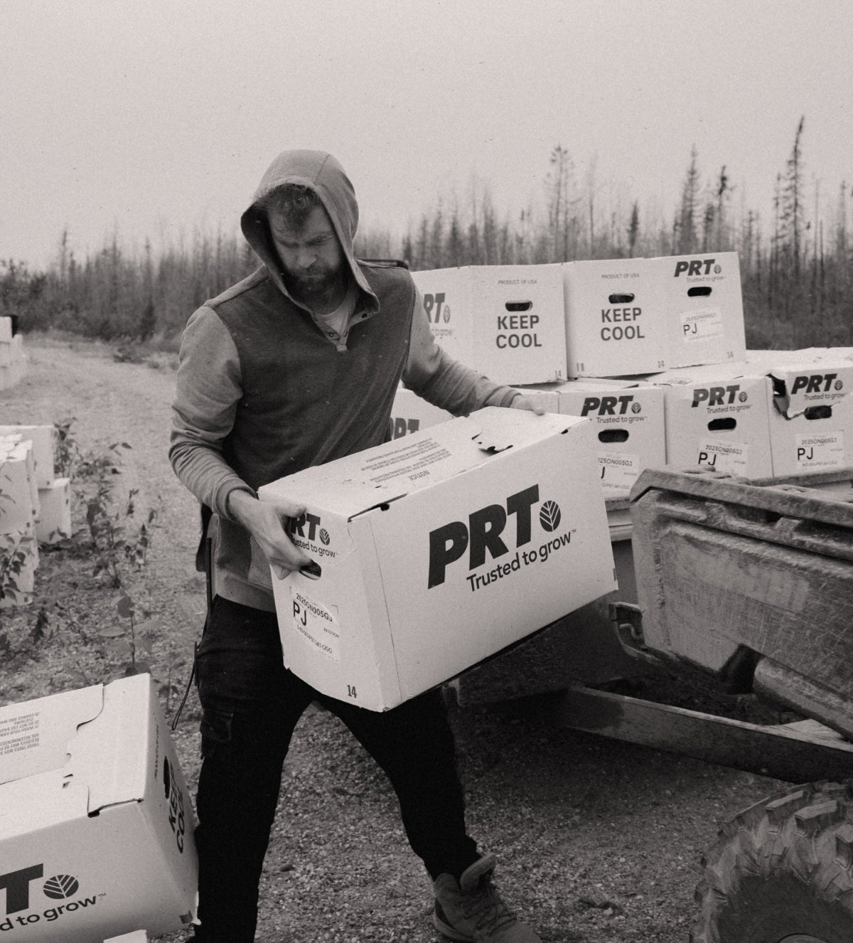 Person handling PRT branded boxes outdoors with a forest background